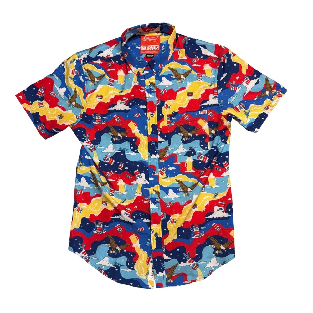 RSVLTS Budweiser Kunuflex Shirt Mens Medium Short Sleeve Patriotic Eagle Beer